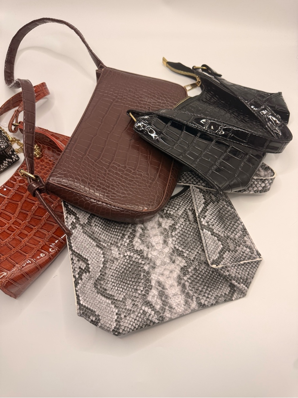 Target Croc-Embossed Shoulder Bags in Black, Brown, Rust and Snake Print